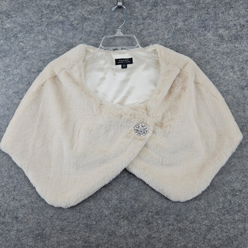 Tahari Arthur Levine Faux Fur Wrap Womens Medium Cream Crystal Brooch Stole WEAR